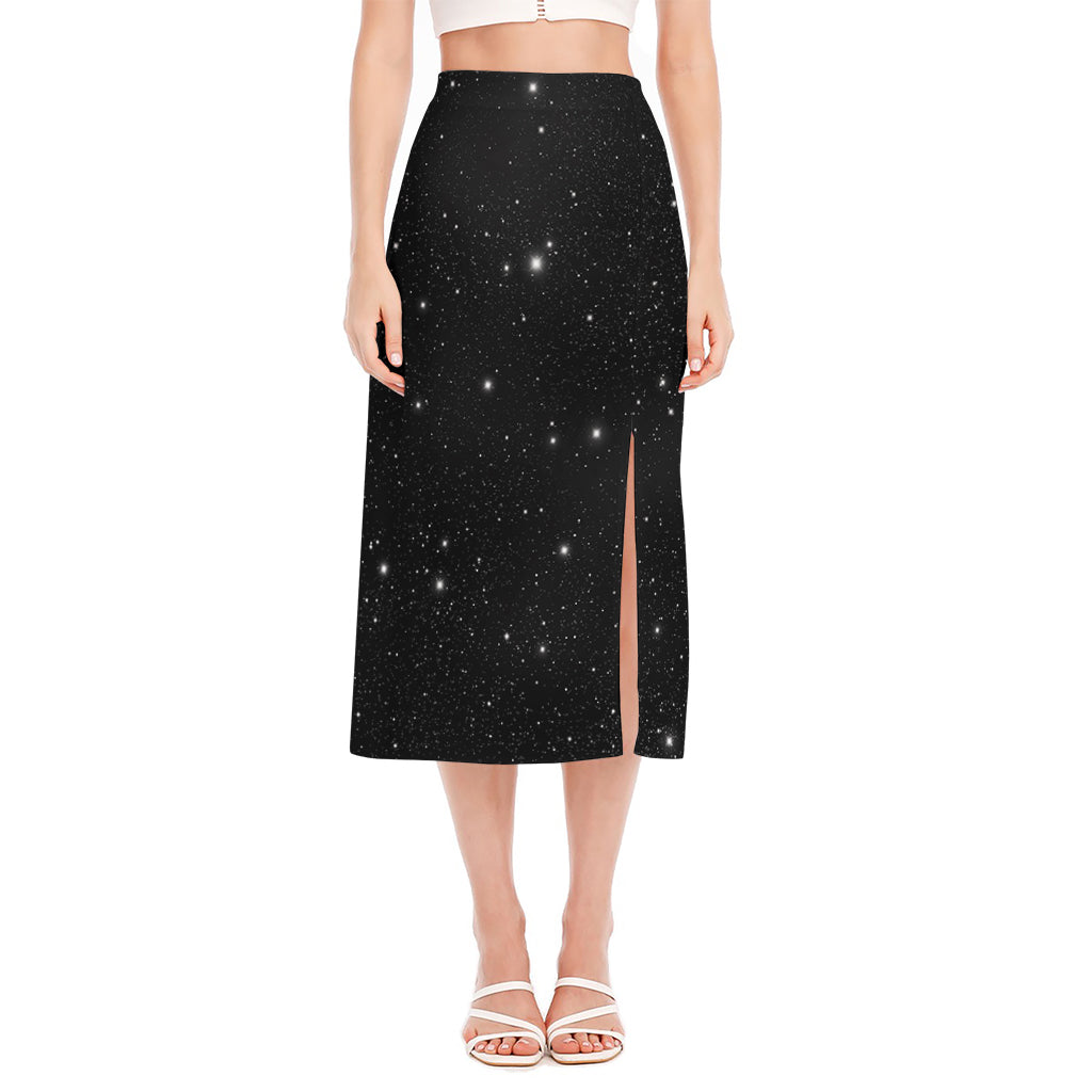 Black Space Print Side Slit Midi Skirt