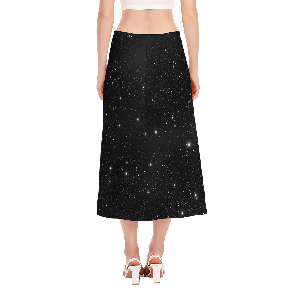 Black Space Print Side Slit Midi Skirt