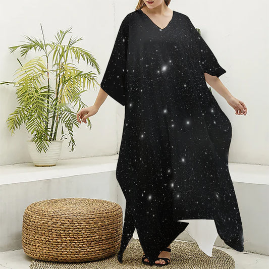 Black Space Print Silk V-Neck Kaftan Dress