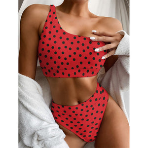 Black Spots Ladybird Pattern Print One Shoulder Bikini Top