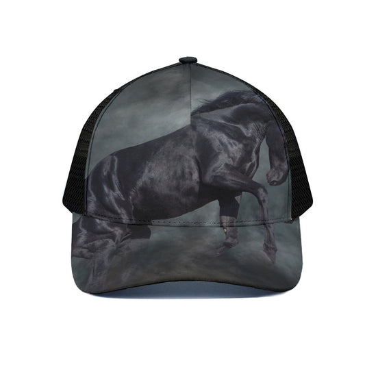Black Stallion Horse Print Black Mesh Trucker Cap