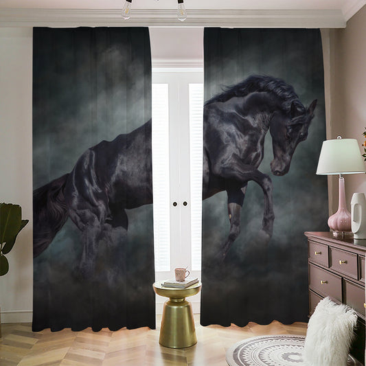 Black Stallion Horse Print Blackout Pencil Pleat Curtains