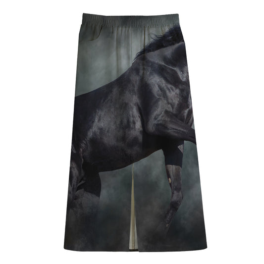 Black Stallion Horse Print Cotton Front Slit Maxi Skirt