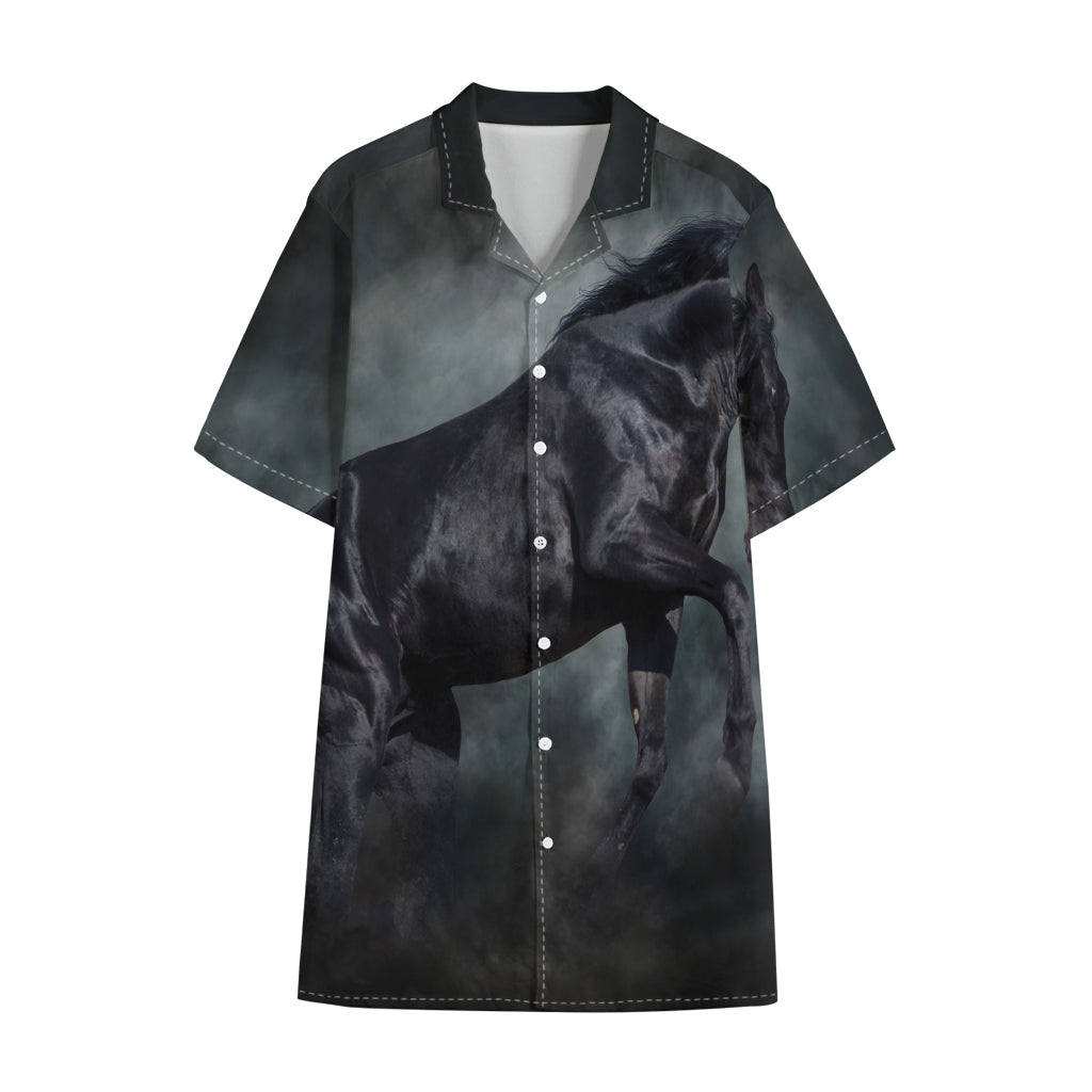 Black Stallion Horse Print Cotton Hawaiian Shirt
