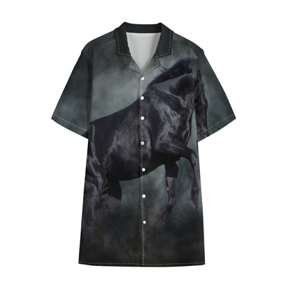 Black Stallion Horse Print Cotton Hawaiian Shirt