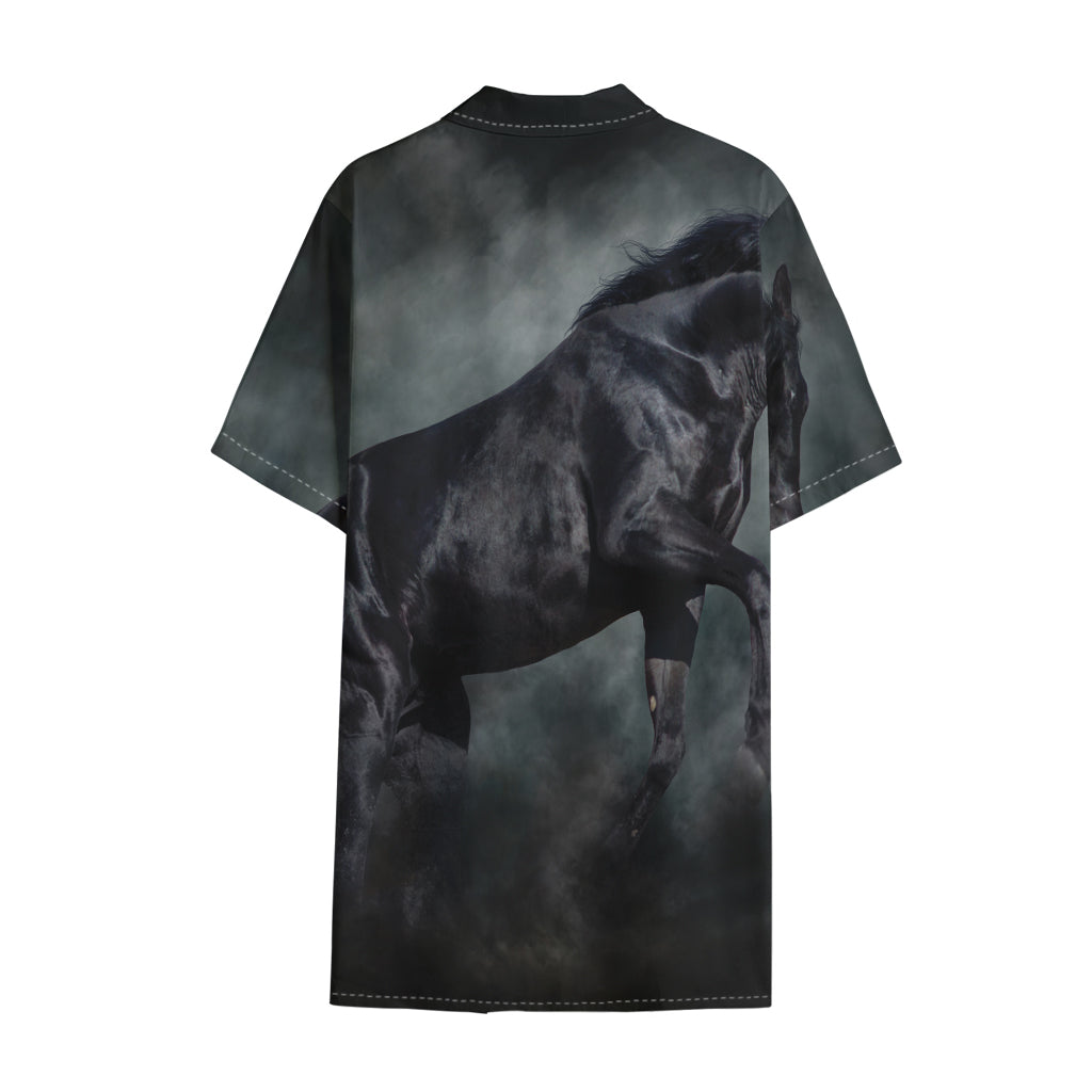 Black Stallion Horse Print Cotton Hawaiian Shirt