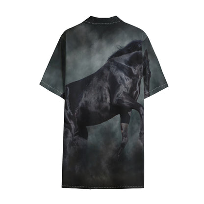 Black Stallion Horse Print Cotton Hawaiian Shirt