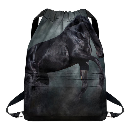 Black Stallion Horse Print Drawstring Backpack