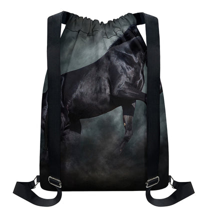 Black Stallion Horse Print Drawstring Backpack