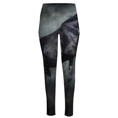 Black Stallion Horse Print High-Waisted Pocket Leggings
