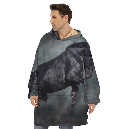 Black Stallion Horse Print Hoodie Blanket