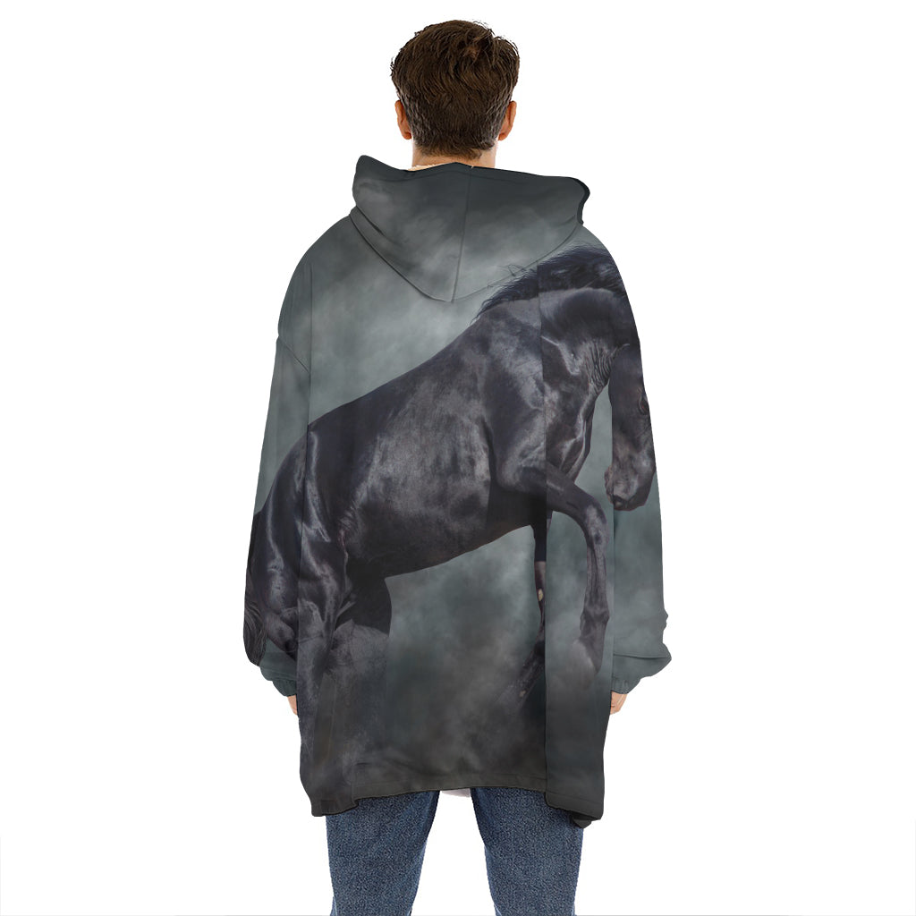 Black Stallion Horse Print Hoodie Blanket
