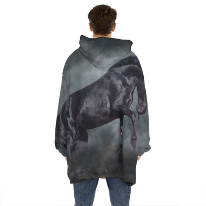 Black Stallion Horse Print Hoodie Blanket