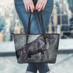 Black Stallion Horse Print Leather Tote Bag