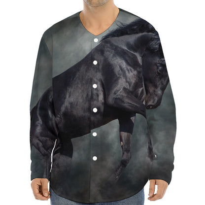 Black Stallion Horse Print Long Sleeve Baseball Jersey