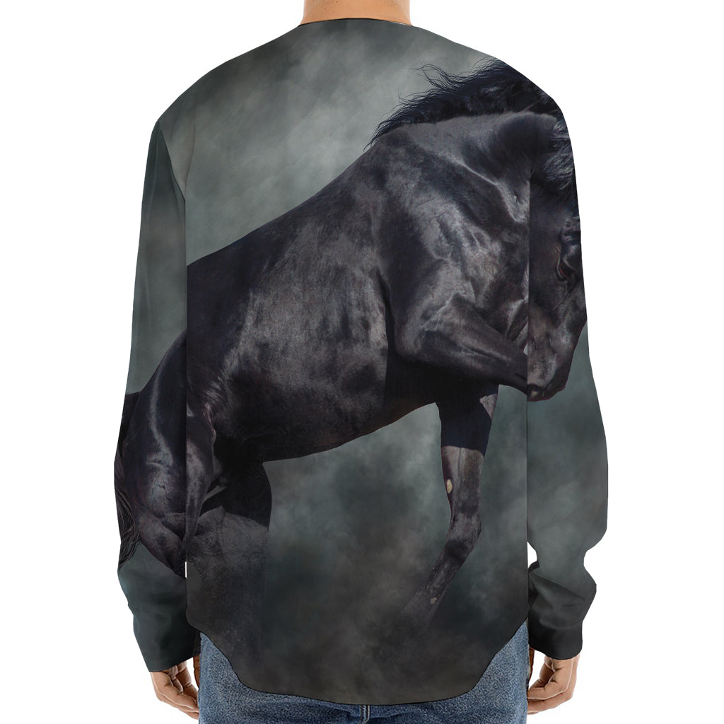 Black Stallion Horse Print Long Sleeve Baseball Jersey