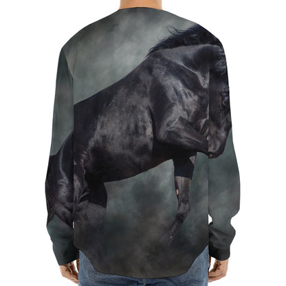 Black Stallion Horse Print Long Sleeve Baseball Jersey