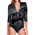 Black Stallion Horse Print Long Sleeve Swimsuit
