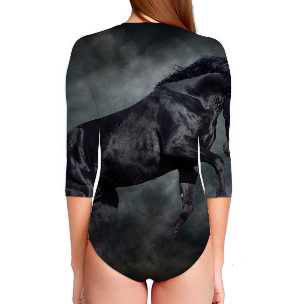 Black Stallion Horse Print Long Sleeve Swimsuit