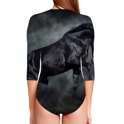 Black Stallion Horse Print Long Sleeve Swimsuit