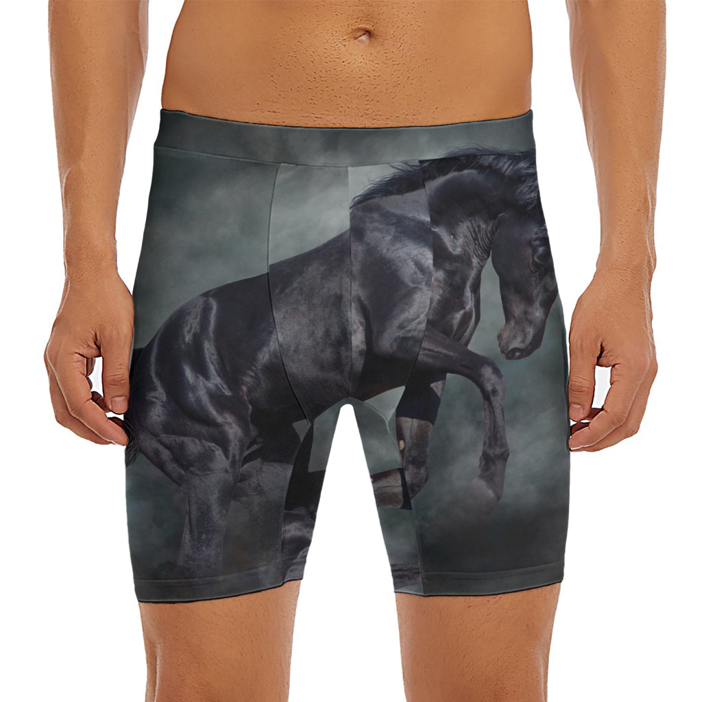 Black Stallion Horse Print Men's Long Boxer Briefs