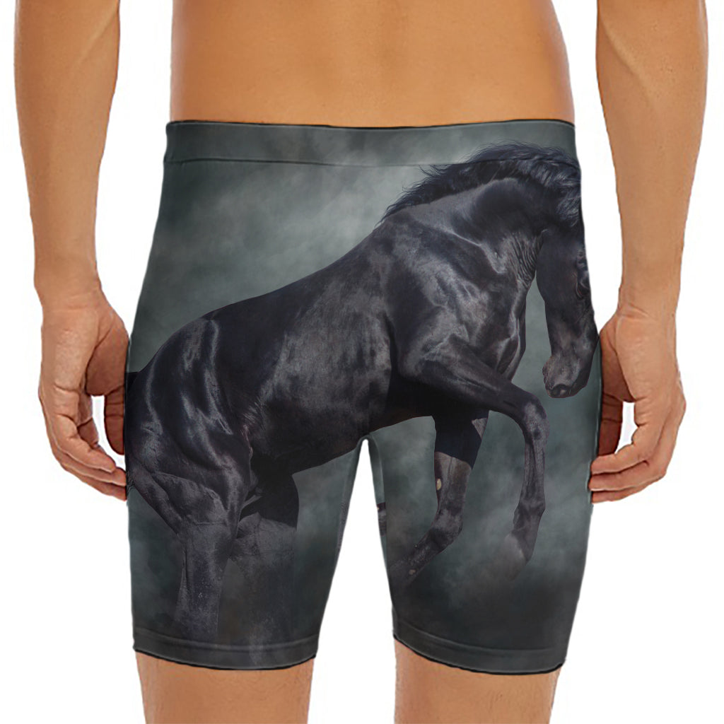 Black Stallion Horse Print Men's Long Boxer Briefs