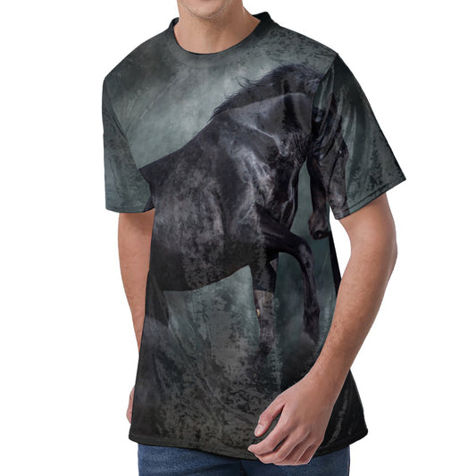 Black Stallion Horse Print Men's Velvet T-Shirt