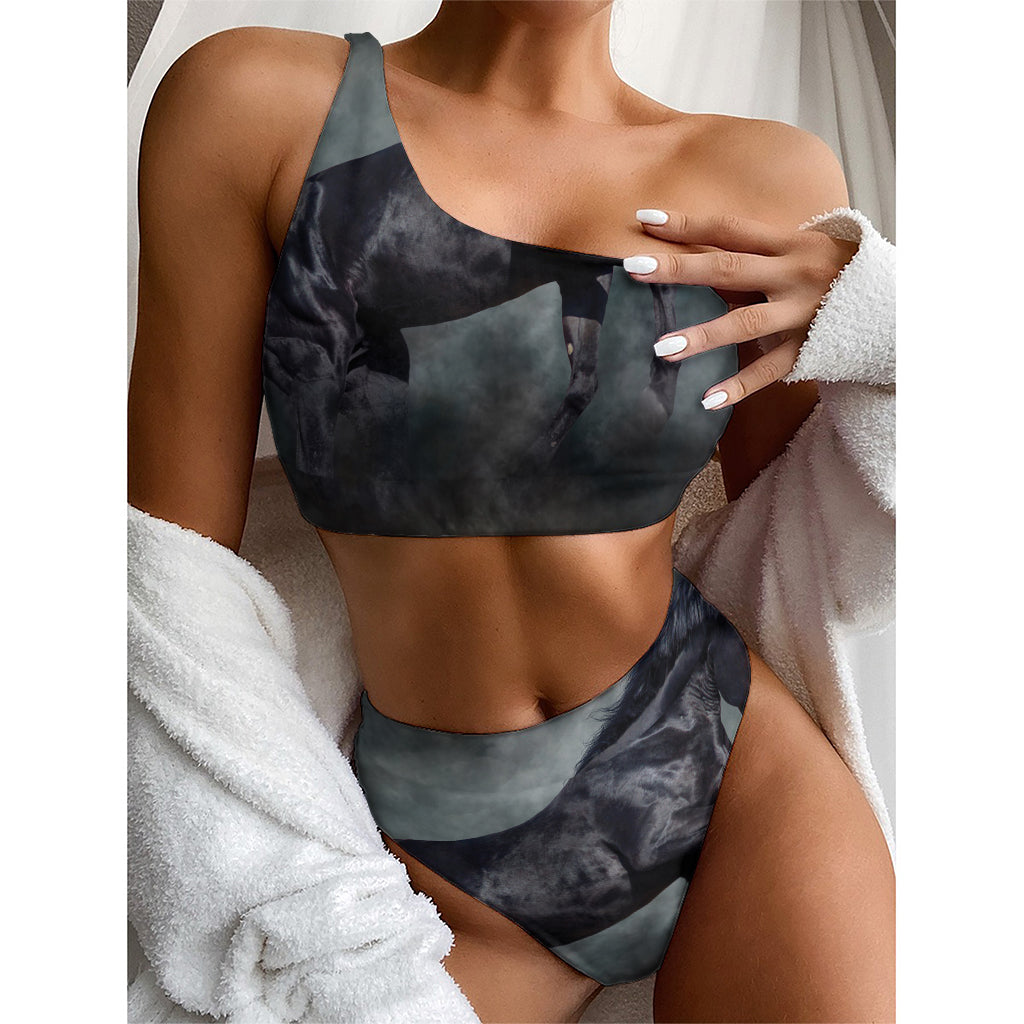 Black Stallion Horse Print One Shoulder Bikini Top