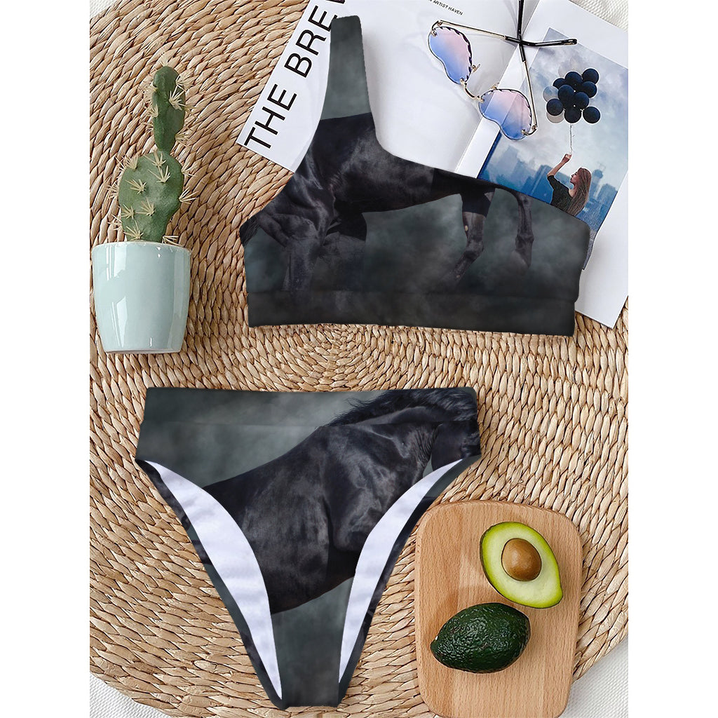 Black Stallion Horse Print One Shoulder Bikini Top