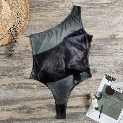 Black Stallion Horse Print One Shoulder Bodysuit