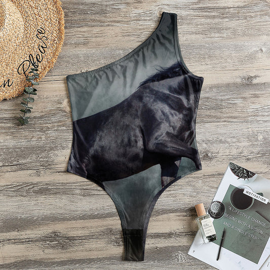 Black Stallion Horse Print One Shoulder Bodysuit