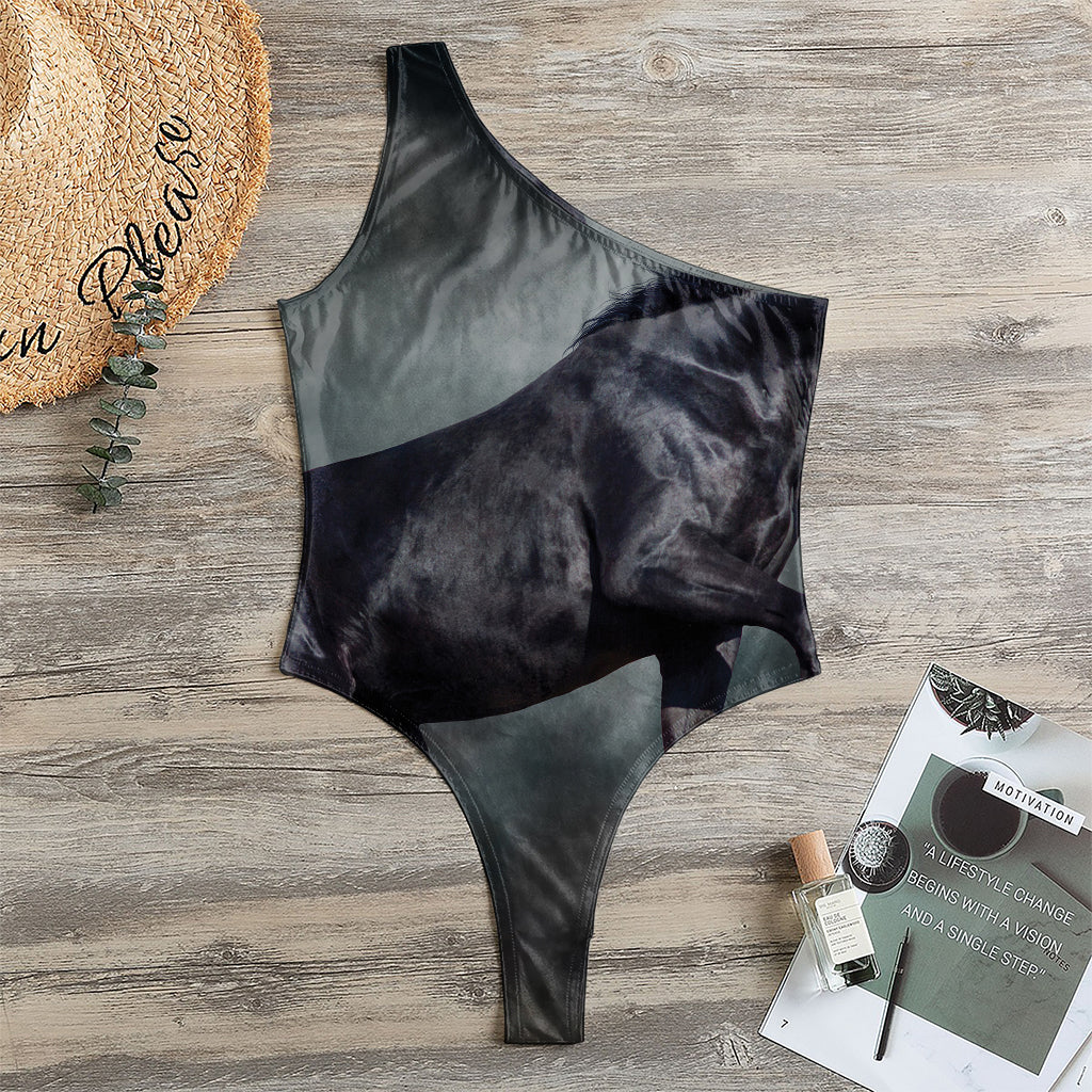 Black Stallion Horse Print One Shoulder Bodysuit