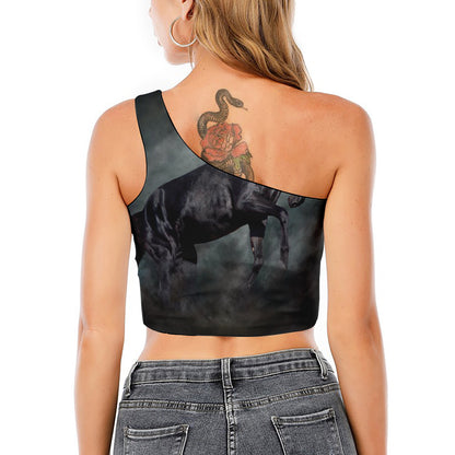 Black Stallion Horse Print One Shoulder Crop Top
