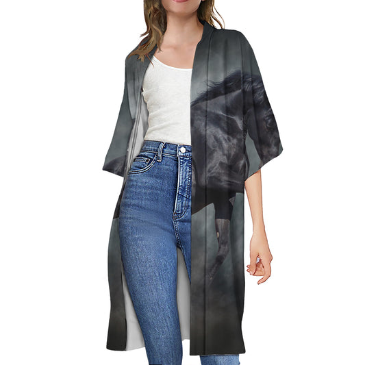 Black Stallion Horse Print Open Front Beach Cover Up