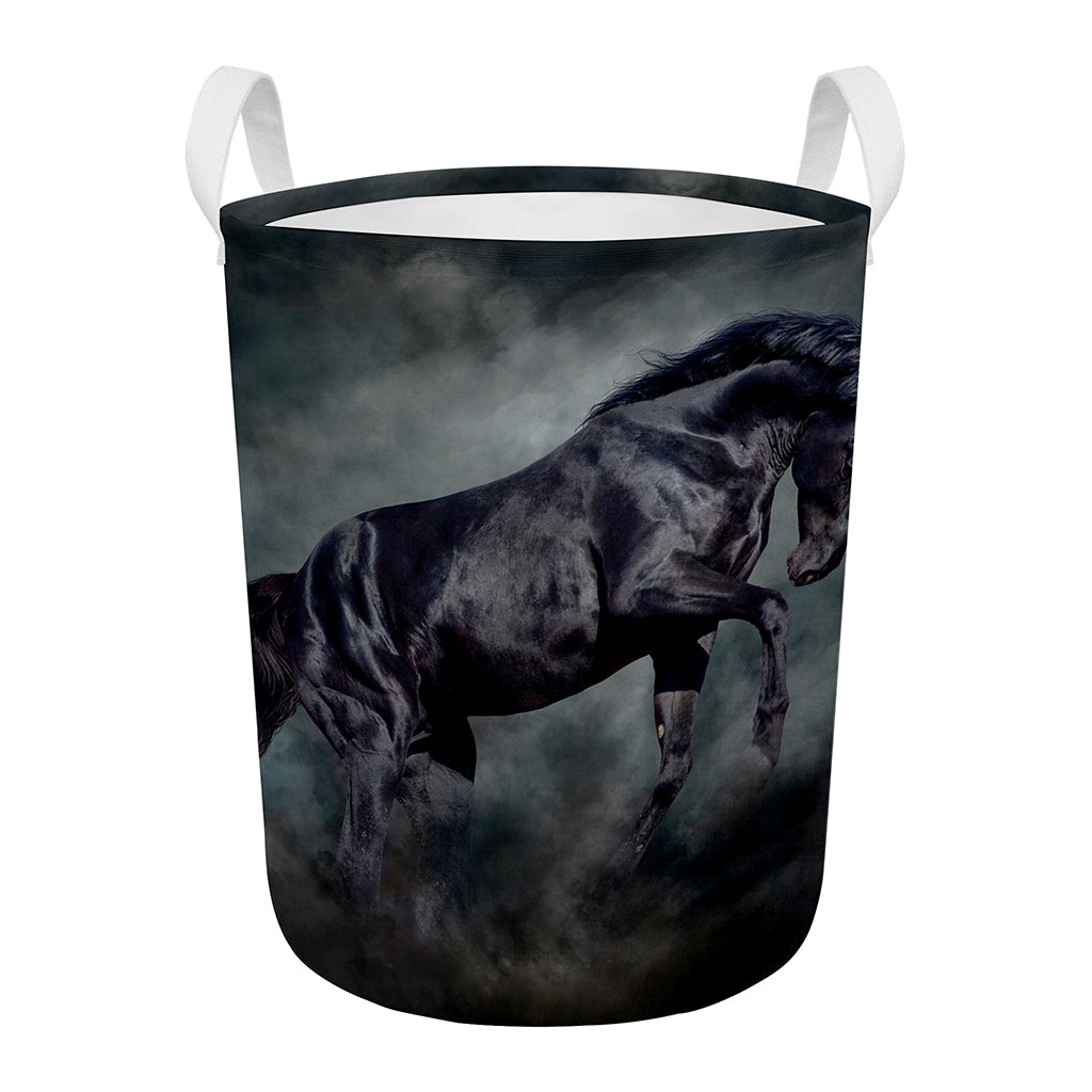 Black Stallion Horse Print Round Laundry Basket