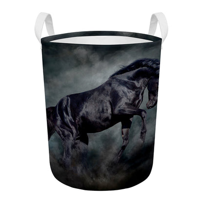 Black Stallion Horse Print Round Laundry Basket