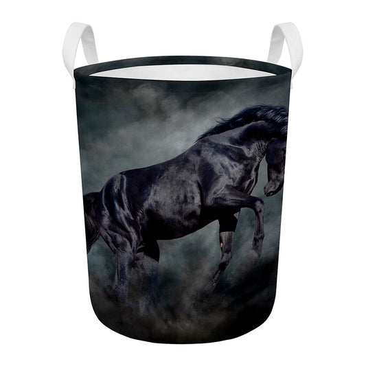 Black Stallion Horse Print Round Laundry Basket