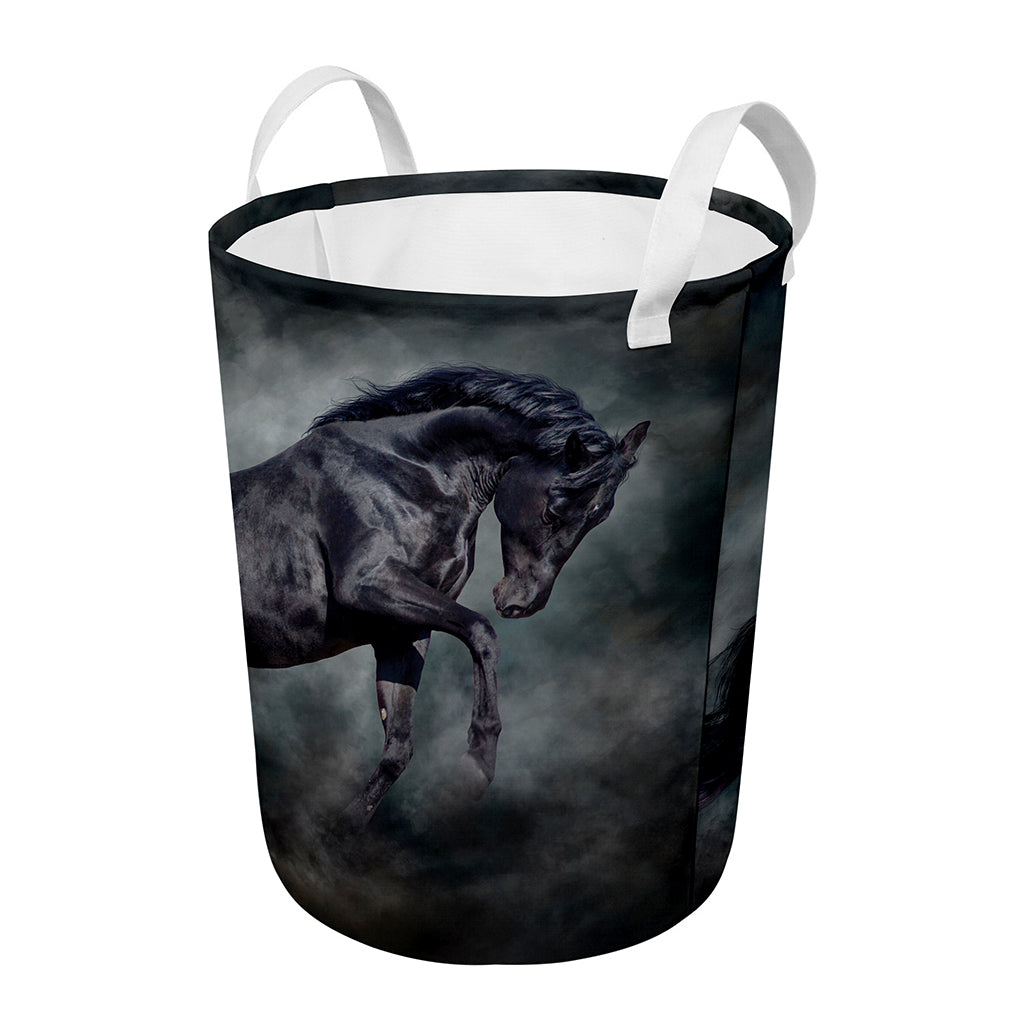 Black Stallion Horse Print Round Laundry Basket