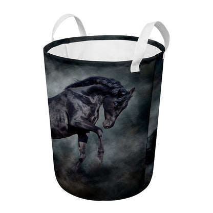 Black Stallion Horse Print Round Laundry Basket
