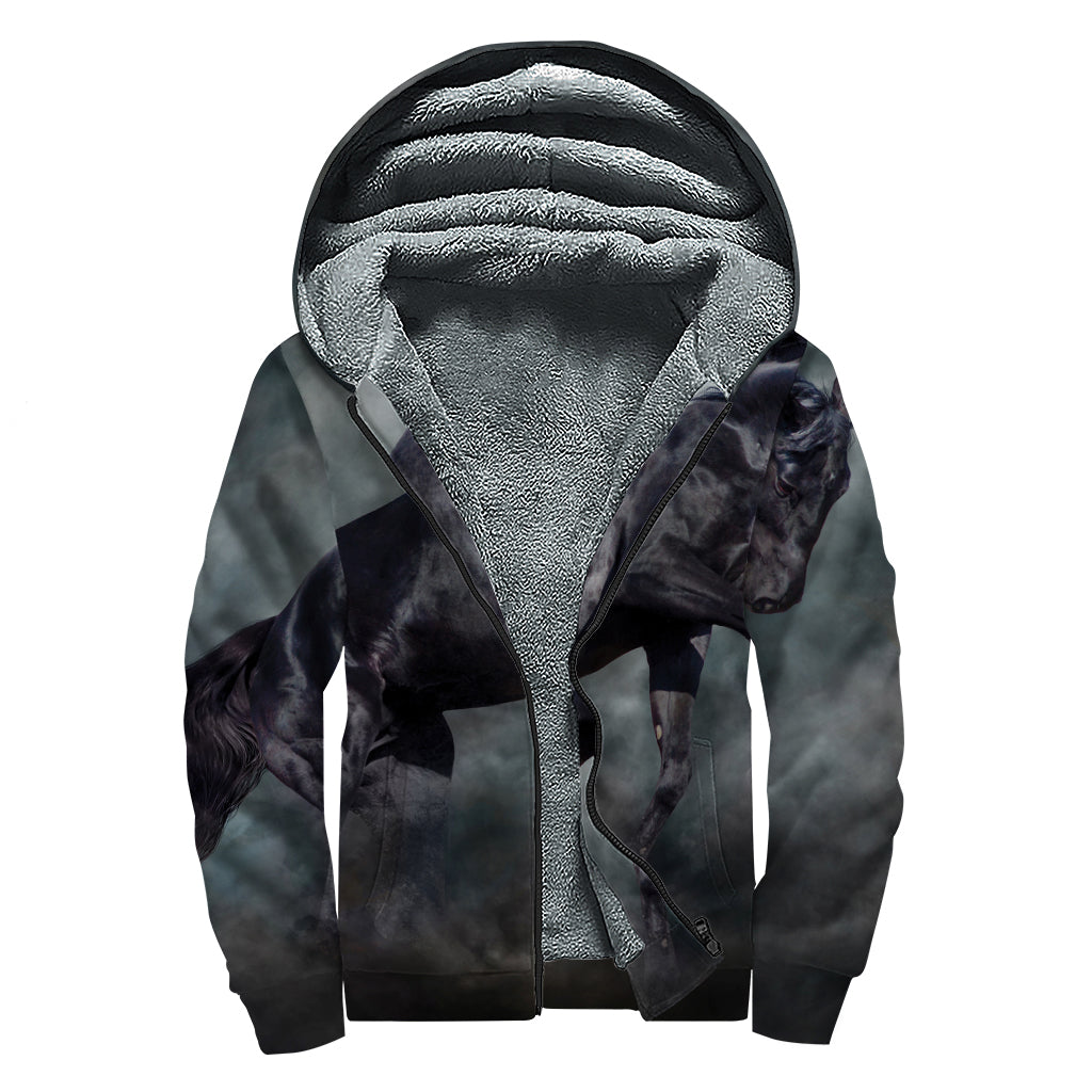 Black Stallion Horse Print Sherpa Lined Zip Up Hoodie
