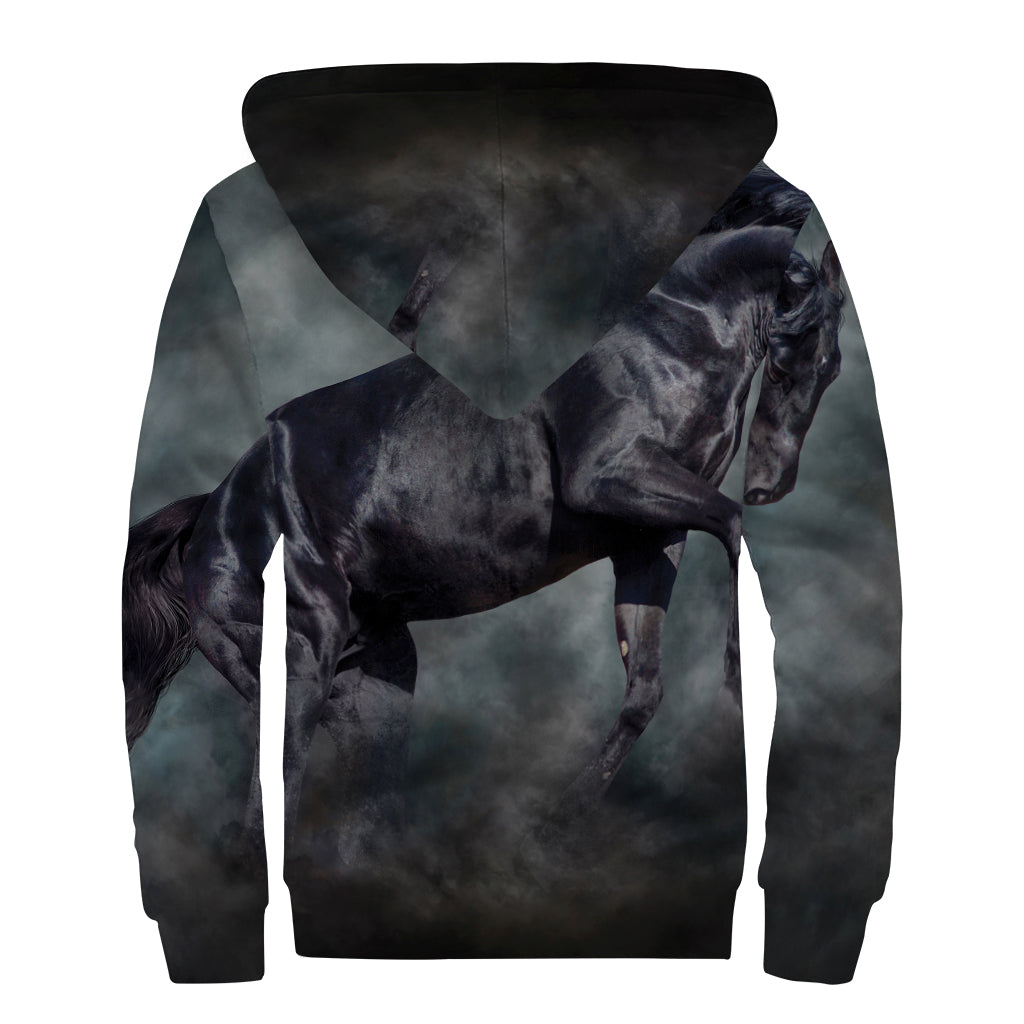 Black Stallion Horse Print Sherpa Lined Zip Up Hoodie