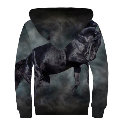 Black Stallion Horse Print Sherpa Lined Zip Up Hoodie