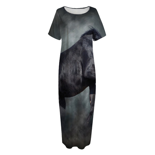 Black Stallion Horse Print Short Sleeve Long Nightdress