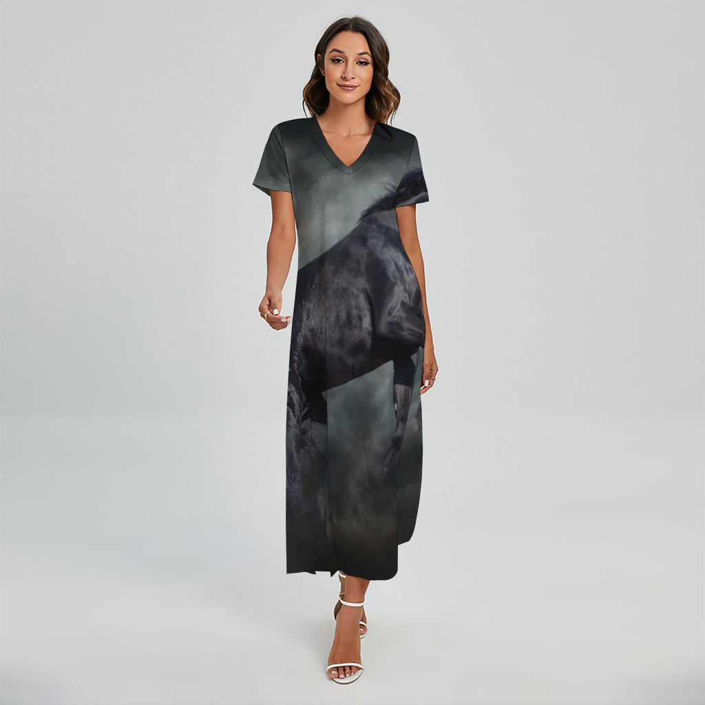 Black Stallion Horse Print Short Sleeve Maxi Dress