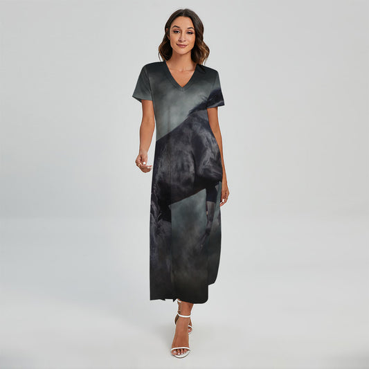 Black Stallion Horse Print Short Sleeve Maxi Dress