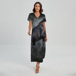Black Stallion Horse Print Short Sleeve Maxi Dress