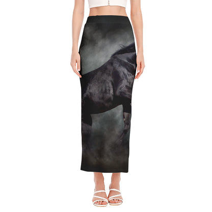 Black Stallion Horse Print Side Slit Maxi Skirt