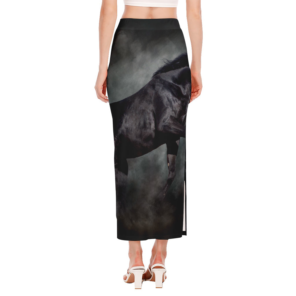 Black Stallion Horse Print Side Slit Maxi Skirt
