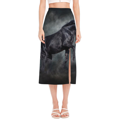 Black Stallion Horse Print Side Slit Midi Skirt