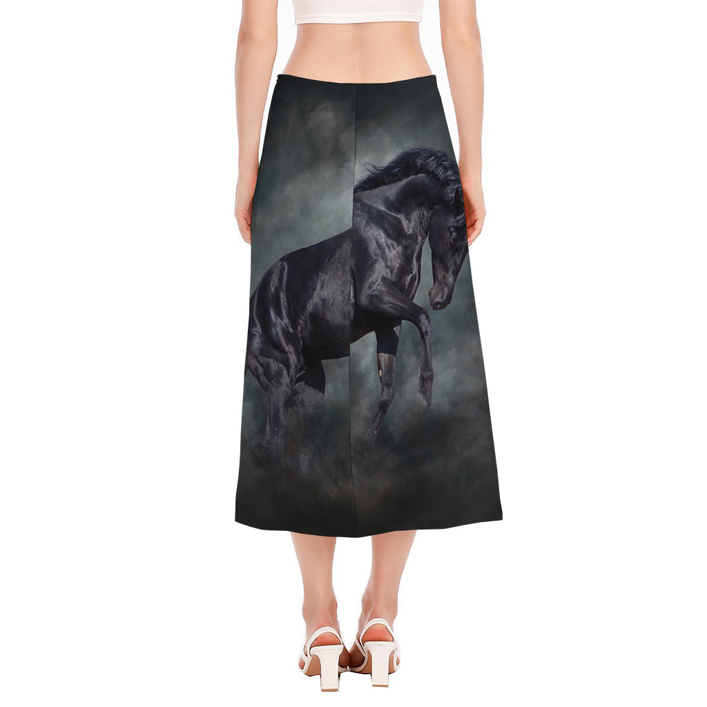 Black Stallion Horse Print Side Slit Midi Skirt